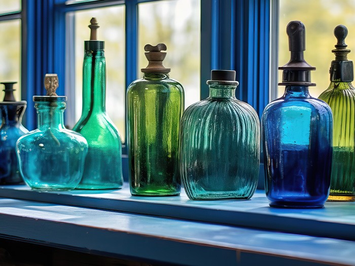 Green, teal, and blue apothecary jars of different shapes.